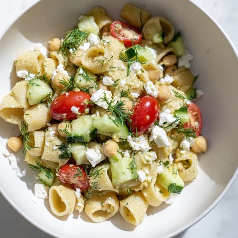 Serving suggestion for Lemon Herb Chickpea Pasta Salad, tossed with fresh parsley, dill, mint, and topped with crumbled feta for a Mediterranean-inspired meal.  
