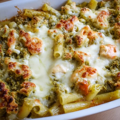 Fresh basil leaves garnish a bubbling Pesto Chicken Pasta Bake, served hot from the oven for family dinner.  