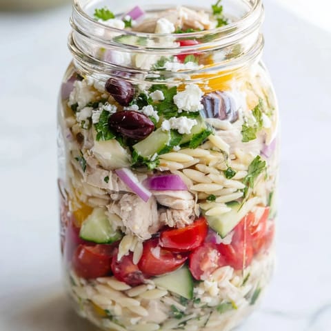 Greek pasta chicken salad jars display colorful ingredients like cucumbers, red onion, and parsley, perfect for healthy meal prep.  