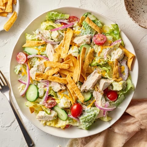 Fresh Jalapeño Ranch Chicken Salad served with crunchy tortilla strips and a drizzle of zesty, homemade dressing.