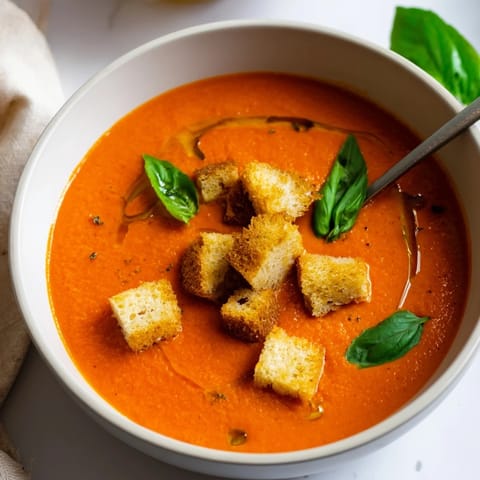 A bowl of roasted tomato soup with crispy croutons, garnished with fresh basil and a drizzle of olive oil.