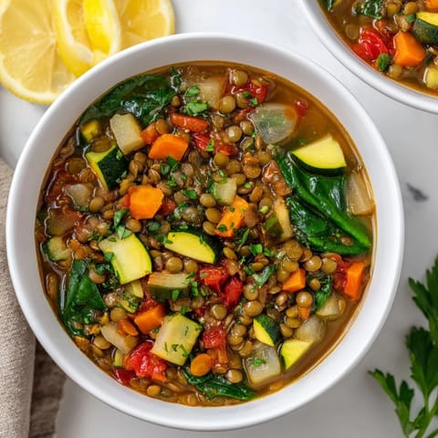 Warm, steaming Lentil and Vegetable Soup garnished with fresh parsley and lemon wedges next to a slice of crusty bread.
