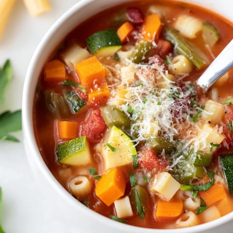 Minestrone Vegetable Soup steaming in a rustic pot, showcasing colorful beans, pasta, and seasonal vegetables.  