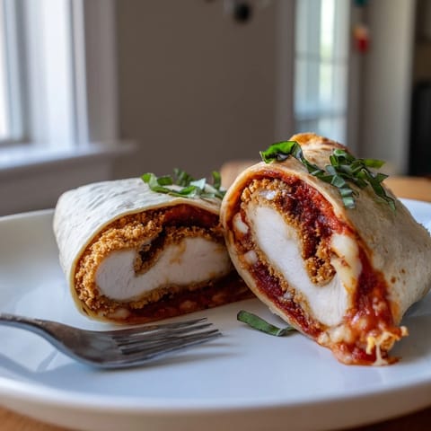 A handheld Italian-American Crispy Chicken Parm Wrap on a rustic cutting board, with a side of extra marinara for dipping and a green salad nearby.