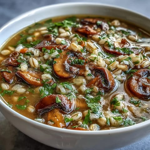 A warm bowl of Mushroom and Barley Soup, featuring tender sliced mushrooms, chewy pearl barley, and diced carrots in a savory broth, garnished with fresh parsley.