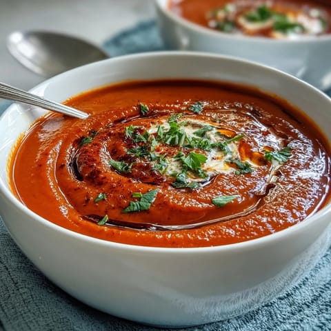 Silky roasted red pepper soup, vibrant, with creamy swirl and crusty bread.