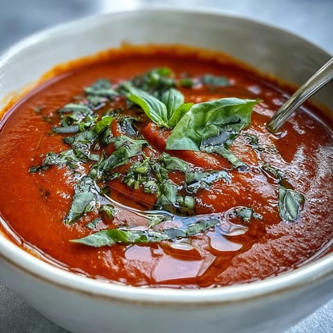 Close-up of silky Tomato and Basil Soup in a rustic mug, steam rising, next to grilled cheese and crusty bread.