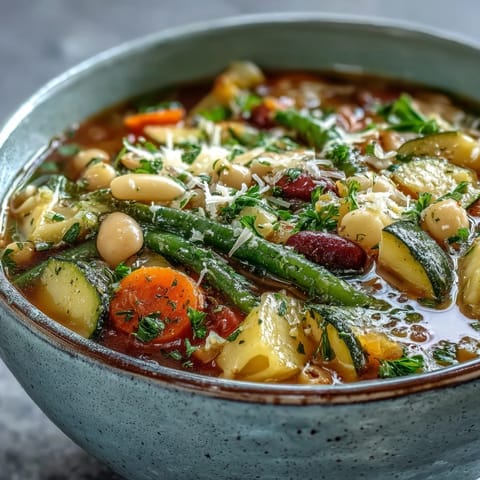 Hearty Minestrone Vegetable Soup topped with fresh parsley and Parmesan cheese in a rustic bowl.