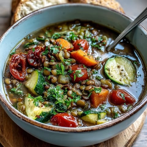 Colorful roasted vegetables and tender lentils simmer in this savory Lentil and Vegetable Soup, ready to be served hot.