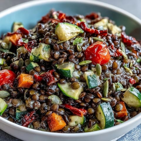 Hearty Black Lentil Salad topped with crumbled feta and fresh parsley, ready to serve as a satisfying vegetarian main.