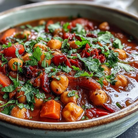 Hearty Spicy Chickpea Stew simmering in a pot, showcasing tender chickpeas, vibrant diced vegetables, and aromatic spices like smoked paprika.