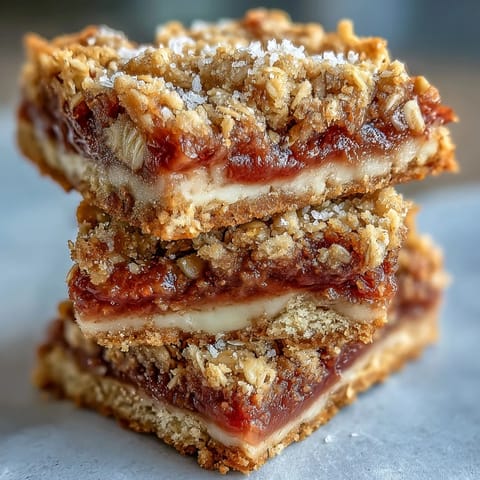 Sliced Rhubarb and Custard Crumble Bars reveal layers of creamy vanilla custard and tangy fruit on a white plate.