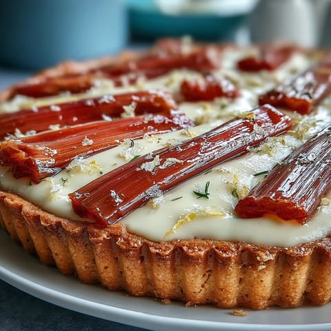 A slice of rhubarb white chocolate and elderflower tart reveals golden crust and custard layers.  