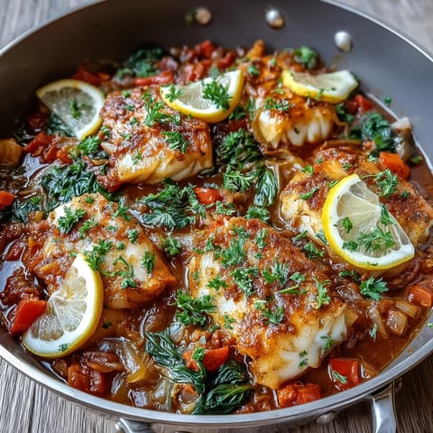 Tender flaked Spiced Cod One Pot served in a white bowl, garnished with cilantro and lemon wedges over steamed rice.