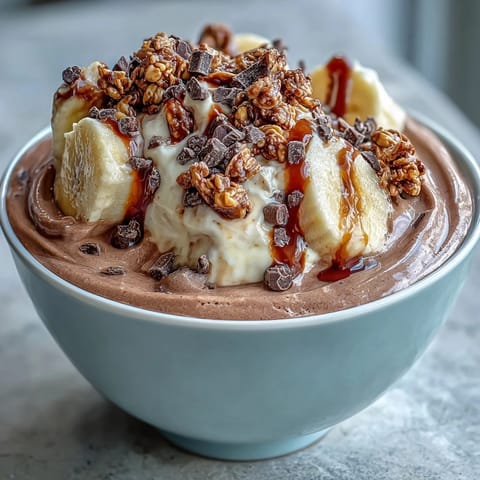 A vibrant Chocolate Peanut Butter Smoothie Bowl topped with fresh banana slices, crunchy granola, and a rich peanut butter drizzle.
