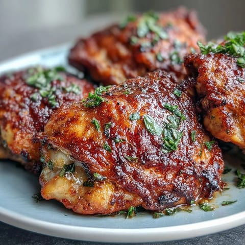 Juicy Crispy Baked Bone-In Chicken Thighs served on a platter with lemon wedges.