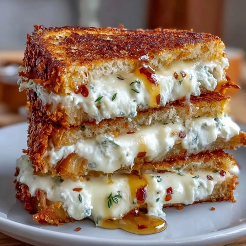 Thick slices of crispy sourdough reveal melted goat cheese and cream cheese filling with a hint of red pepper flakes for heat.