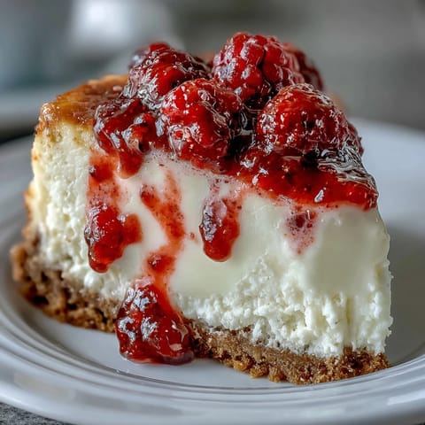 Smooth cheesecake topped with vibrant raspberry swirls on a white plate.