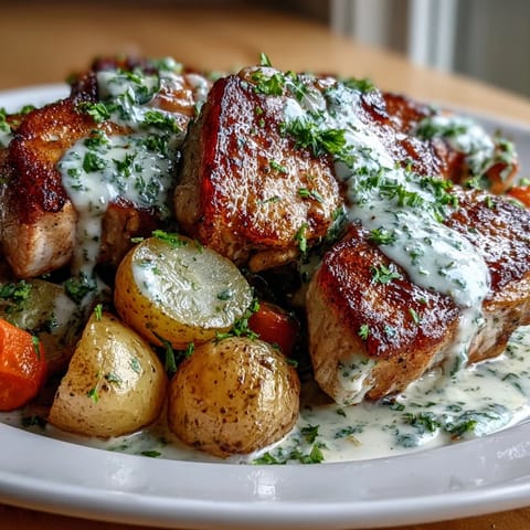 Golden-seared Crockpot Ranch Pork Chops in velvety ranch sauce alongside soft carrots and potatoes in a rustic setting.