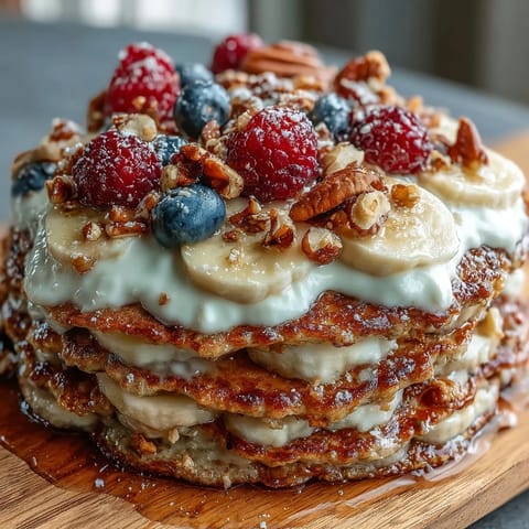 Golden Protein Pancake Bowl topped with sliced bananas, crunchy granola, and a generous swirl of nut butter.