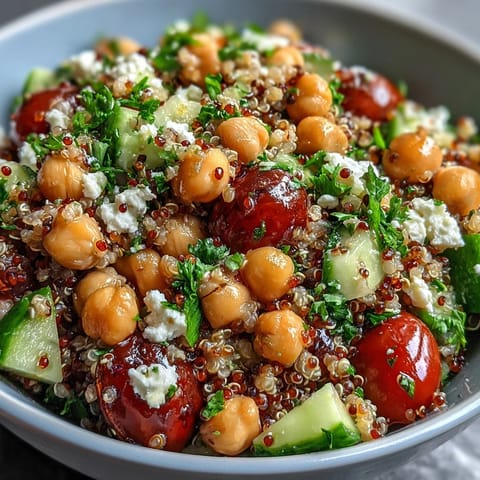 A bowl of High Protein Quinoa & Chickpea Salad topped with crumbled feta, herbs, and a bright lemon dressing.