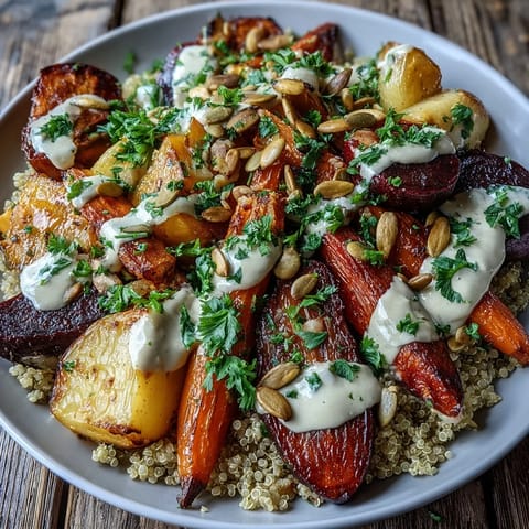 Caramelized root vegetables with fresh parsley and pumpkin seeds top quinoa in this healthy Roasted Root Vegetable Bowl.