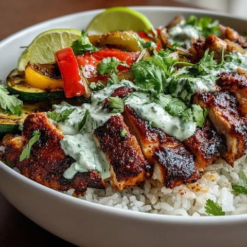 Golden-brown blackened chicken breast slices rest on fluffy white rice surrounded by colorful sautéed peppers and zucchini, finished with a lime crema drizzle.