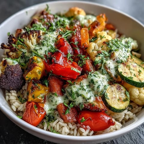 Colorful roasted vegetable medley with bell peppers, broccoli, and cherry tomatoes over fluffy brown rice, topped with fresh herb sauce.