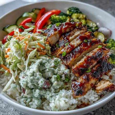 Golden BBQ chicken slices over fluffy white rice, topped with crisp coleslaw and colorful roasted vegetables in a bowl.