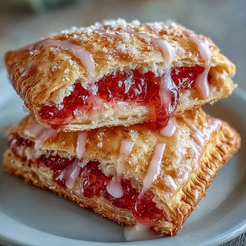 Close-up of a Guava Cheese Pop Tart broken open to reveal the vibrant guava jam and creamy cheese filling.