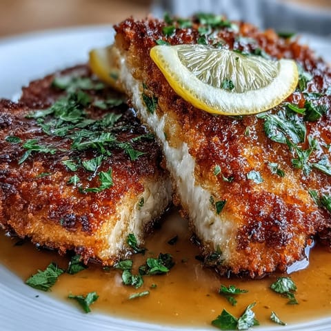 Fork-tender chicken cutlets coated in parmesan and flour, sizzling in a skillet before being draped with silky lemon butter sauce.