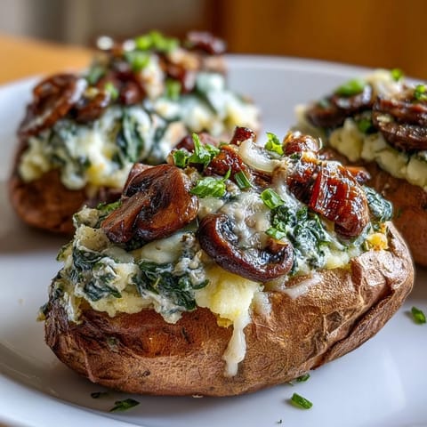 Golden-brown roasted Creamy Mushroom and Spinach Stuffed Sweet Potatoes topped with melted, bubbly cheese.
