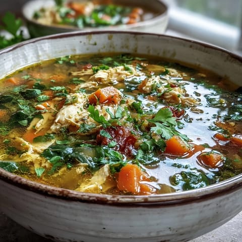 Steaming Anti-Inflammatory Turmeric Chicken Soup with shredded chicken and spinach in a rustic bowl.