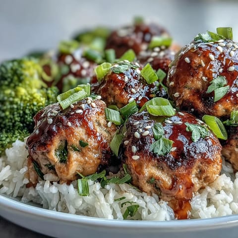 Golden-baked turkey meatballs coated in sticky honey-garlic sauce sit over fluffy rice and bright green steamed broccoli.