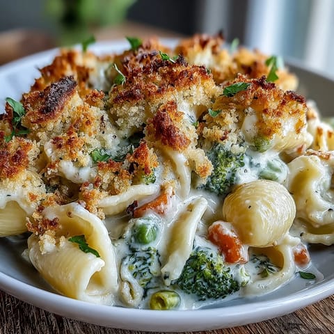 Hearty one-pot creamy veggie pot pie pasta with peas, carrots, and corn served at dinner.