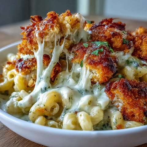 Golden-brown Baked Pesto Chicken Mac & Cheese casserole with crispy panko topping, served hot in a baking dish.