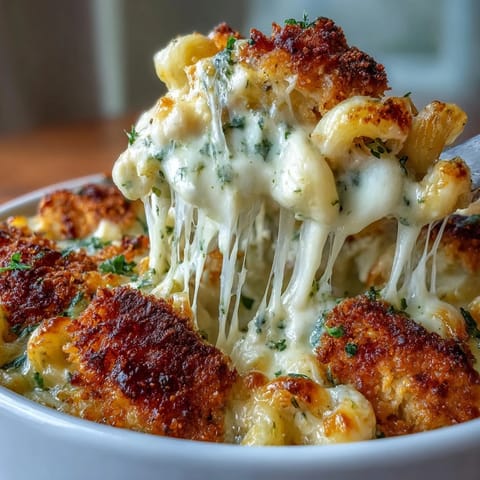 Creamy Baked Pesto Chicken Mac & Cheese topped with parmesan and basil pesto, ready to be scooped onto plates.