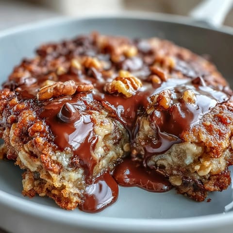 A warm slice of Chunky Monkey Oatmeal Cookie Skillet being served from a cast-iron pan with melting vanilla ice cream on top.