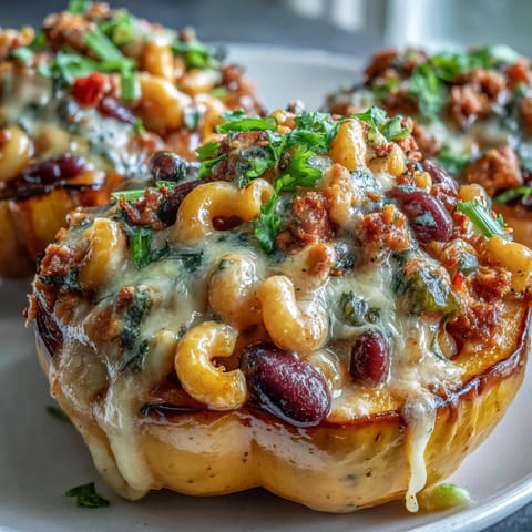 Roasted acorn squash halves are filled with creamy Hot Honey Chili Mac, topped with fresh cilantro and a honey drizzle.