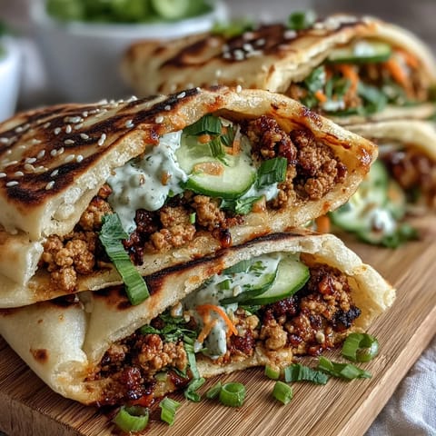 Freshly warmed naan pockets overflowing with savory Korean turkey filling and crisp cucumber slices, drizzled with spicy gochujang mayo.