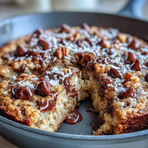 A warm slice of Chunky Monkey Oatmeal Cookie Skillet served with vanilla ice cream melting over the gooey center.