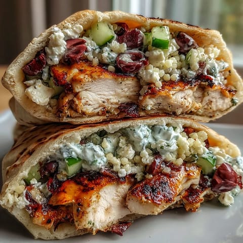 Warm Greek Chicken Feta Stuffed Pitas filled with juicy grilled chicken and tangy feta cheese.