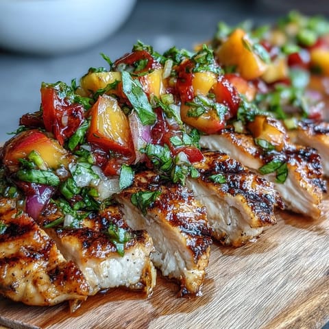 Grilled Chicken with Peach Basil Salsa served warm over white rice with a glass of white wine.