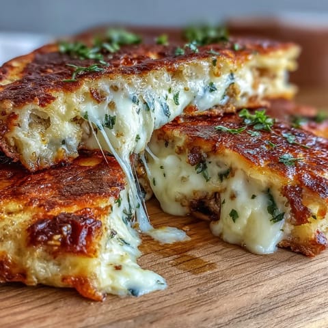 Golden, toasted Brown Butter Garlic Naan Grilled Cheese with gooey mozzarella and fresh herbs on a plate, served beside a warm bowl of tomato soup.