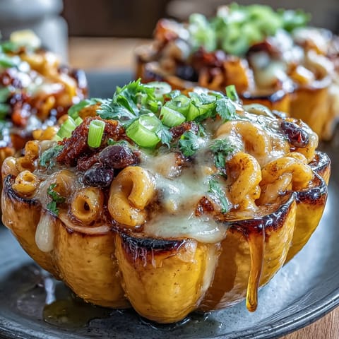 Cozy vegetarian stuffed squash filled with flavorful chili mac, topped with melted cheddar and a sweet-spicy hot honey glaze.  