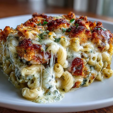 Comforting casserole featuring juicy pesto chicken and three-cheese blend baked to perfection.  