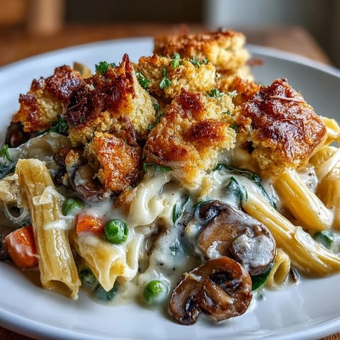 Close-up of bubbling Creamy Veggie Pot Pie Pasta topped with buttery biscuit crumbs and fresh parsley.  