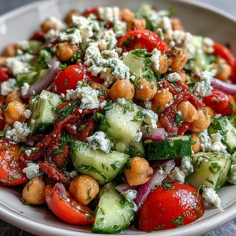 Fresh Mediterranean Chickpea Salad with Cucumber and Feta - Vibrant vegetables and tangy feta mingle with zesty lemon-oregano dressing for a refreshing, wholesome meal.  