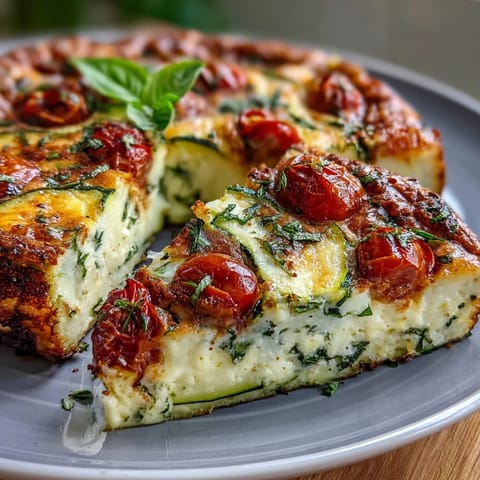 Colorful zucchini, cherry tomatoes, and spinach in a herb-seasoned egg frittata, perfect for a light and nutritious meal.  