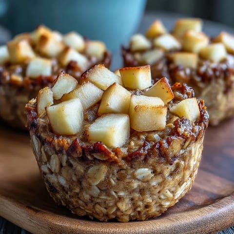 Wholesome baked oatmeal cups featuring juicy apples and fragrant cinnamon, ideal for a quick vegan breakfast or snack on the go.  